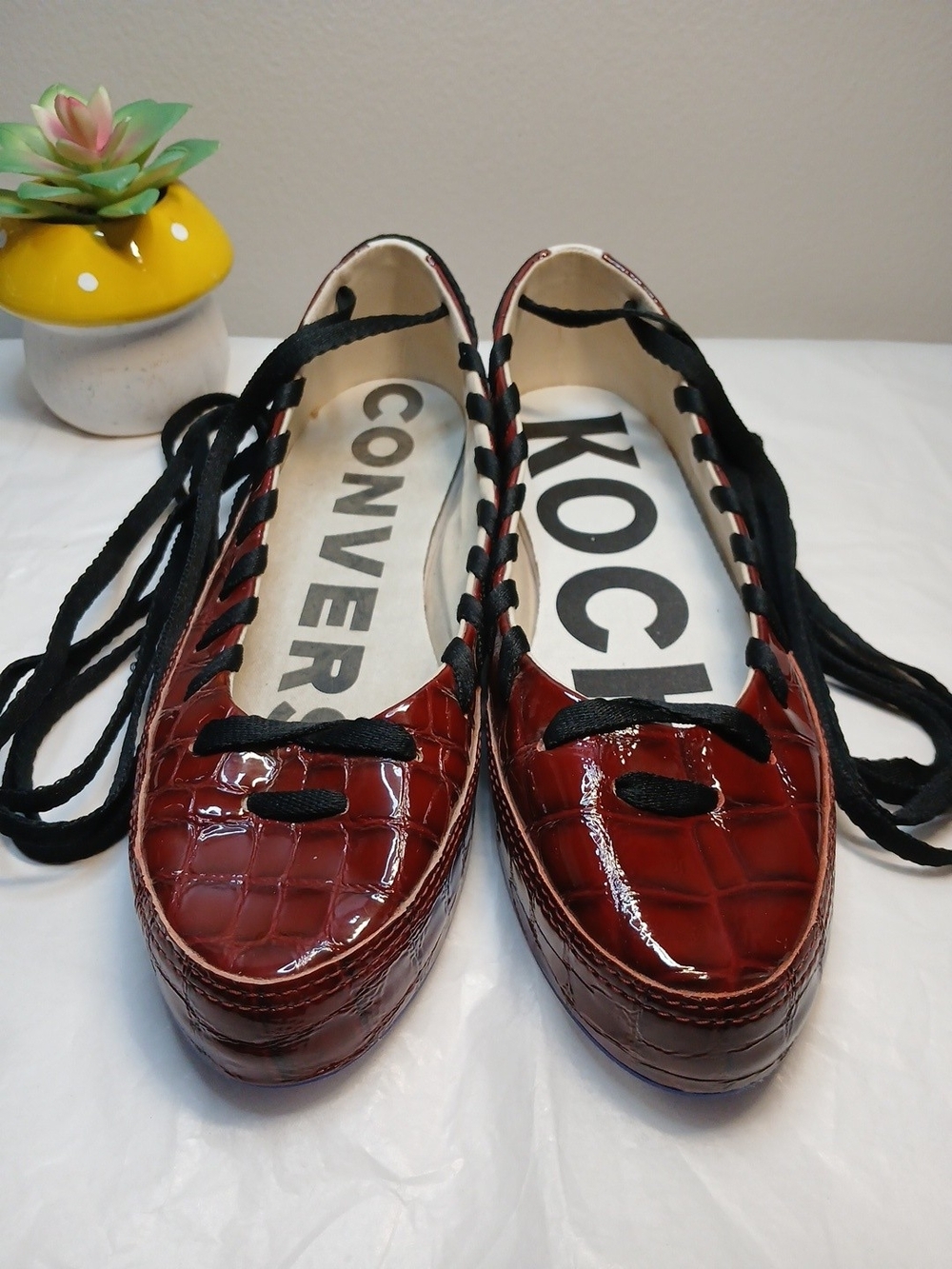 Converse Women's Burgundy Croc-Embossed Patent Ballet Flats with Black Laces